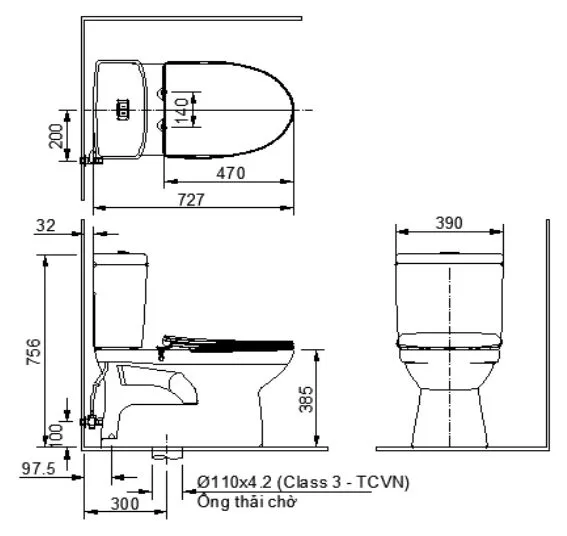 Bồn cầu 2 khối Inax C-504VAN-2 - Bản vẽ lắp đặt