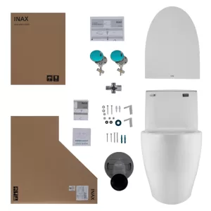 Thông tin cơ bản bồn cầu Inax AC-902VN Thuộc bộ sưu tập : S200 mới nhất của INAX Kiểu xả 2 nhấn 4.5/3 lít Kích thước: 721 x 372 x 680 mm (dài x rộng x cao) Tâm thoát : 300mm (+-5) Nắp đóng êm CF-602VS Chiều dài từ tâm lỗ gắn nắp: 465mm Có thể kết hợp với nắp điện tử, nắp rửa cơ Màu sắc: Trắng Xuất xứ: Việt Nam Tính năng bệt vệ sinh Inax AC902VN liền khối Bàn cầu sử dụng 100% lượng nước xả từ phía trên, tạo nên dòng xoáy cực mạnh rửa trôi mọi vết bẩn. Kỹ thuật xả rửa vành Rim Hygiene kiểu mới Công nghệ AQUA CERAMIC: Những vết ố vàng hay vết đọng nước không thể hình thành trên bề mặt sứ trong lòng bàn cầu, giúp người sử dụng giảm được việc vệ sinh bồn cầu thường xuyên, và giảm việc sử dụng hóa chất tẩy rửa. Công nghệ chống bám bẩn công thức độc quyền của INAX Nhật Bản, phủ lên trên bề mặt men một lớp màng và có khả năng làm tăng sức căng bề mặt của nước. Ngăn chặn các giọt nước đọng lại đẻ hạt cặn Silic trong nước không thể bám bẩn gây ra các vết ố vàng trên men sứ Nắp bệ ngồi rộng rải đường cong tuyệt hảo tạo cảm giác thoải mái. Nắp đóng êm Hệ thống hai cửa xả đẩy mạnh mẽ Bản vẽ kỹ thuật bàn cầu 1 khối Inax AC-902 VN