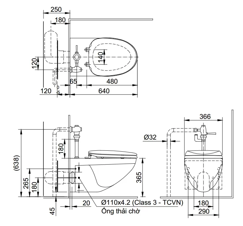 Bàn Cầu INAX AC-22PVN Treo Tường Nắp Êm Kèm Van Xả