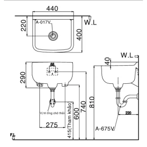 Thông tin cơ bản chậu rửa mặt Inax S-17V đa năng Dòng sản phẩm chậu rửa lavabo INAX S-17V đa năng kiểu treo tường đến từ thương hiệu thiết bị vệ sinh INAX Không bao gồm vòi Kích thước: 440x400x290 mm Với đặc tính kháng khẩn, dễ lau chùi Chất liệu sứ cao cấp, chống bám bẩn Màu trắng​ Sản phẩm đã bao gồm nút chặn nước (A - 017V) và ống thải chữ P (A - 675PV). Có thể dùng với vòi: LF-16-13, LF-12-13, LF-7R-13, ... Bản vẽ bồn rửa giặt INAX S17V cỡ lớn