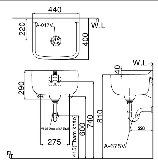 Thông tin cơ bản chậu rửa mặt Inax S-17V đa năng
Dòng sản phẩm chậu rửa lavabo INAX S-17V đa năng kiểu treo tường đến từ thương hiệu thiết bị vệ sinh INAX
Không bao gồm vòi
Kích thước: 440x400x290 mm
Với đặc tính kháng khẩn, dễ lau chùi
Chất liệu sứ cao cấp, chống bám bẩn
Màu trắng​
Sản phẩm đã bao gồm nút chặn nước (A - 017V) và ống thải chữ P (A - 675PV).
Có thể dùng với vòi: LF-16-13, LF-12-13, LF-7R-13, ...
Bản vẽ bồn rửa giặt INAX S17V cỡ lớn
