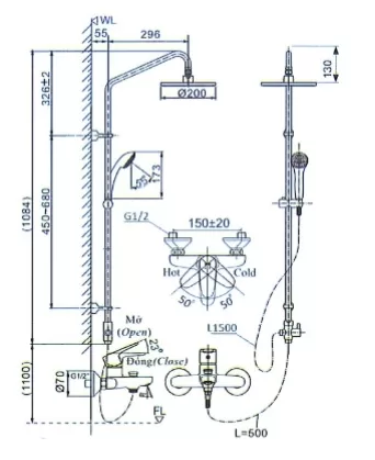 Vòi Sen Tắm Cây Inax BFV-1115S-3C Nóng Lạnh