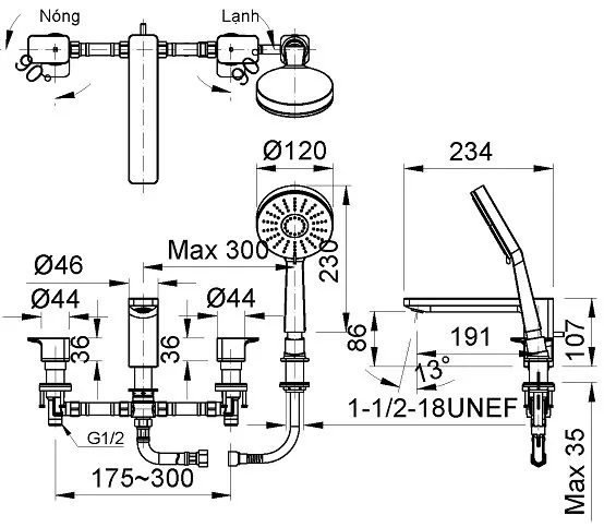 Vòi Sen Tắm Gắn Bồn Inax BFV-5013S Nóng Lạnh