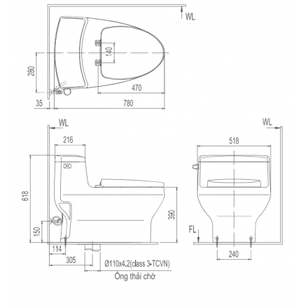 Bản vẽ bệ xí bệt Inax 4005 xả nhấn nắp êm