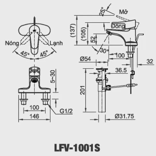 Vòi chậu lavabo nóng lạnh INAX LFV-1001S - Bản vẽ kỹ thuật