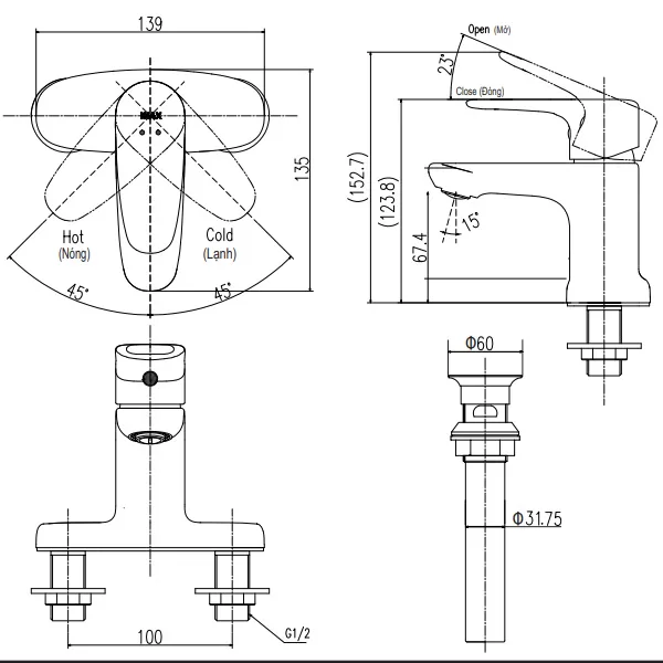 Vòi chậu lavabo nóng lạnh INAX LFV-1111S - Bản vẽ kỹ thuật