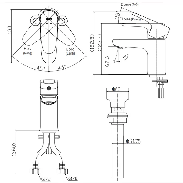 Vòi chậu lavabo nóng lạnh INAX LFV-1112S - Bản vẽ lắp đặt