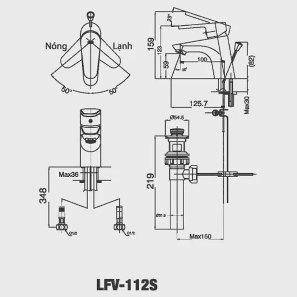 Vòi chậu lavabo nóng lạnh INAX LFV-112S - Bản vẽ kỹ thuật