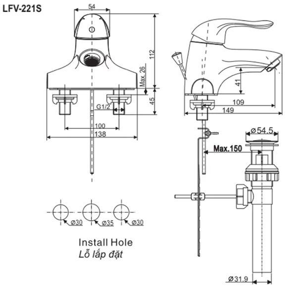 Vòi chậu lavabo nóng lạnh INAX LFV-221S - Bản vẽ kỹ thuật