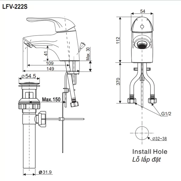 Vòi chậu lavabo nóng lạnh INAX LFV-222S - Bản vẽ kỹ thuật
