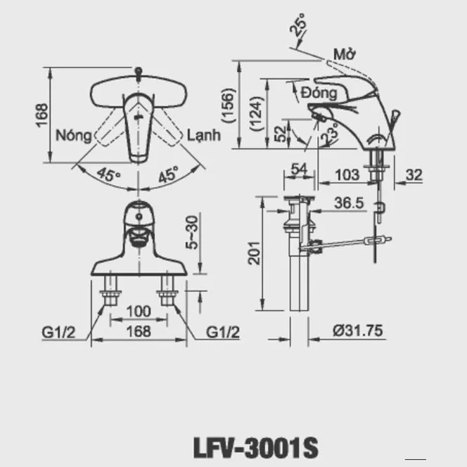 Vòi chậu lavabo nóng lạnh INAX LFV-3001S - Bản vẽ kỹ thuật