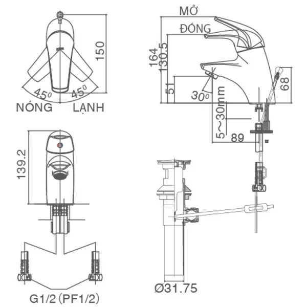 Vòi chậu lavabo nóng lạnh INAX LFV-3002S - Bản vẽ kỹ thuật