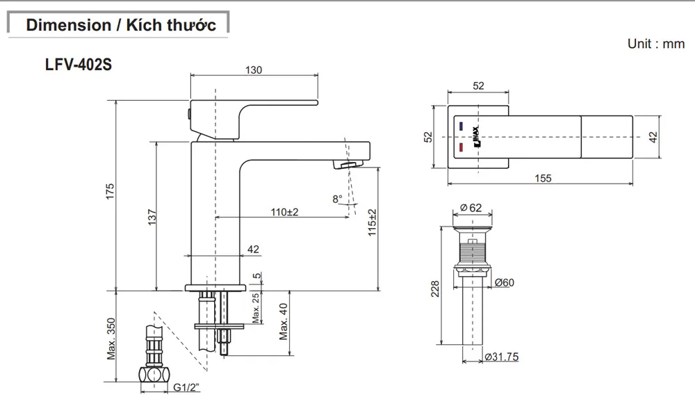 Vòi chậu lavabo nóng lạnh INAX LFV-402S