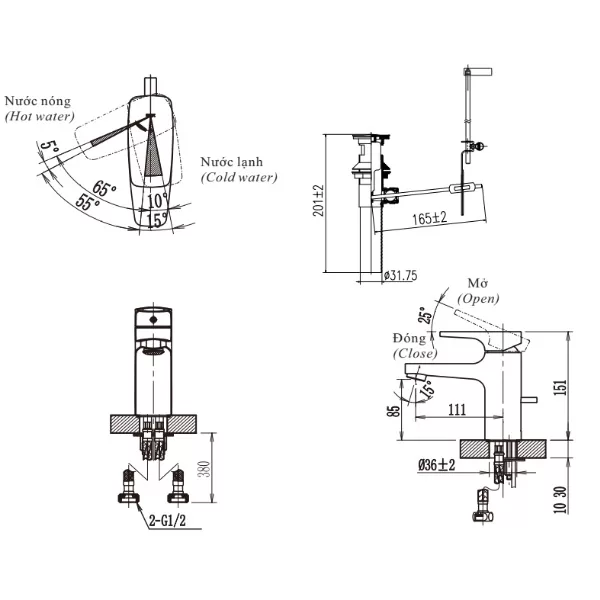 Vòi chậu lavabo nóng lạnh INAX LFV-5002S - Bản vẽ kỹ thuật