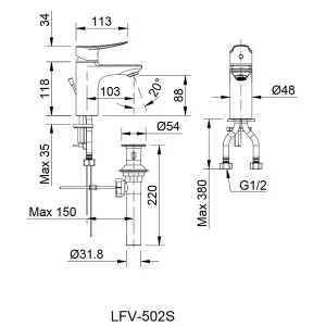 Vòi chậu lavabo nóng lạnh INAX LFV-502S - Bản vẽ kỹ thuật