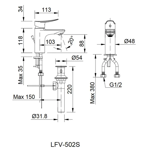 Vòi chậu lavabo nóng lạnh INAX LFV-502S - Bản vẽ kỹ thuật
